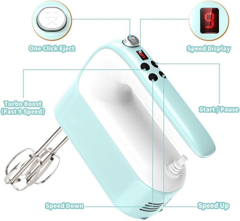 Yomelo 9-Speed Digital Hand Mixer Electric, 400W Powerful DC Motor, Hand Mixer Electric Handheld with Snap-On Storage Case, 5 Stainless Steel Accessories, Beaters, Dough Hooks, Whisk(Ice Blue/White) - Image 2